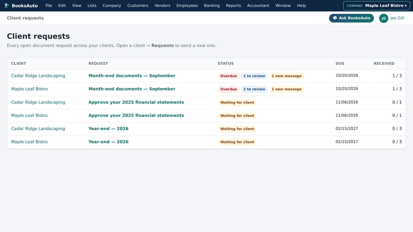 Document requests that chase for you — BooksAuto screen